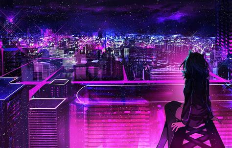 Roof, girl, night, the city, neon , section арт, neon city girl HD ...