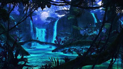 HD wallpaper: night, waterfall, Pandora, final, mysterious forest, the lonely traveler ...