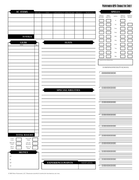 Printable Pathfinder Character Sheet