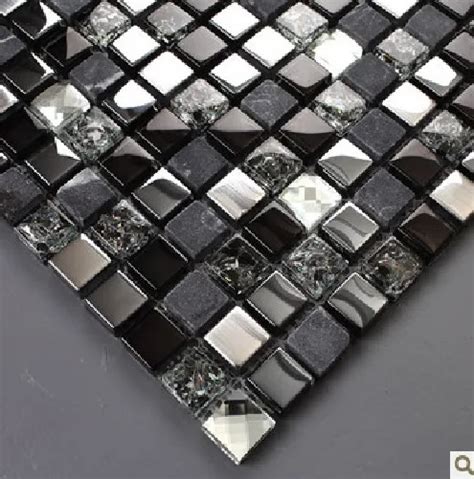 black mosaic tiles crystal glass mixed stone and stainless steel mosaic background wall glass ...