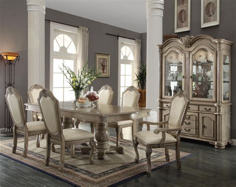 64065 Antique White Finish Dining Set Double Pedestal Table Chateau De Ville by Acme