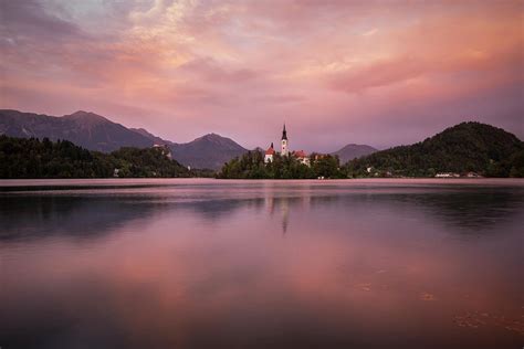 Aerial View Of Bled Island With Church Of The Assumption At Dusk, Lake Bled, Upper Carniola ...