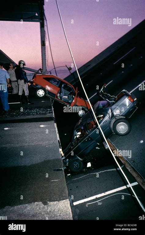 Two cars caught when the San Francisco-Oakland Bay Bridge collapsed after the 1989 Loma Prieta ...