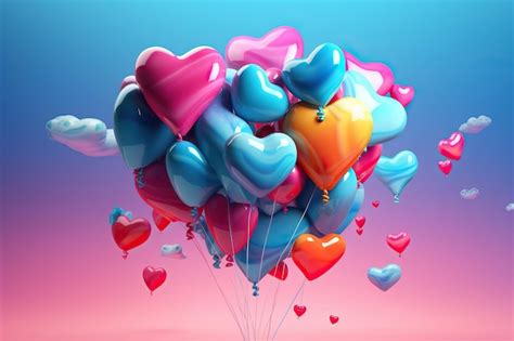 Premium Photo | Colorful heart shaped 3d cartoon balloons in the sky in ...