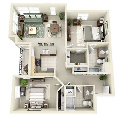 20 Awesome 3D Apartment Plans With Two Bedrooms - Part 2