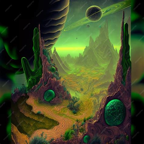 Premium AI Image | green alien planet landscape psychedelic concept art