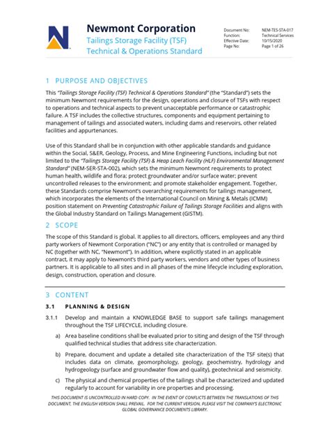 Tailings Storage Facility Technical and Operations Standard | PDF ...