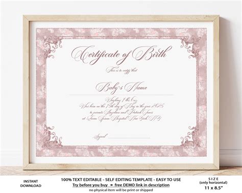 Editable Birth Certificate Template Printable Baby Girl Gift - Etsy UK