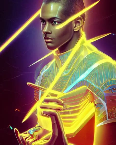 symmetry!! egyptian prince holding neon gold scepter | Stable Diffusion ...