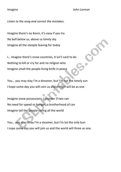 John Lennon Imagine: Lyrics with mistakes - ESL worksheet by selc