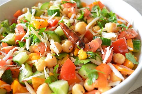 Entertaining From an Ethnic Indian Kitchen: Garbanzo-Coconut-Vegetable salad with sizzling ...