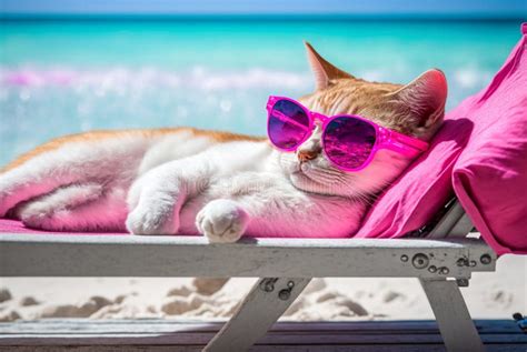 Cat in Sunglasses Lying Sunbathing on the Beach Stock Illustration - Illustration of pink, mood ...