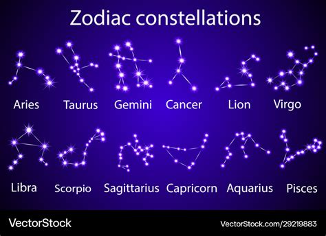 Set zodiac constellations in night sky Royalty Free Vector