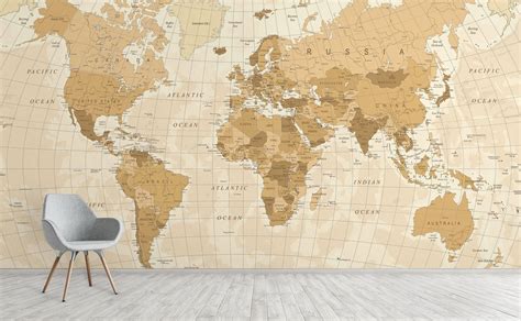 Stereographic projection modern sepia world map wall mural | Across the ...