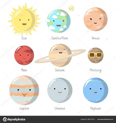 Planetas Del Sistema Solar Personajes Vector Set Iconos Ute Ilustración vector, gráfico ...