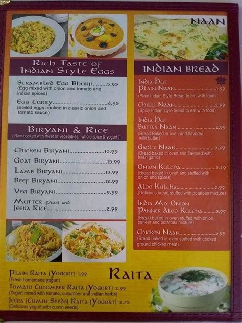 Menu at India Hut restaurant, Las Cruces