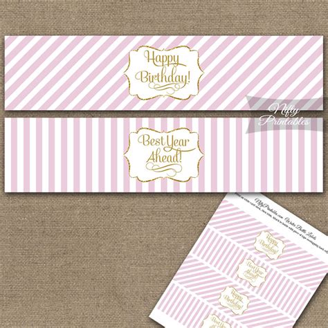 Happy Birthday Water Bottle Labels - Pink Gold Stripe - Nifty Printables