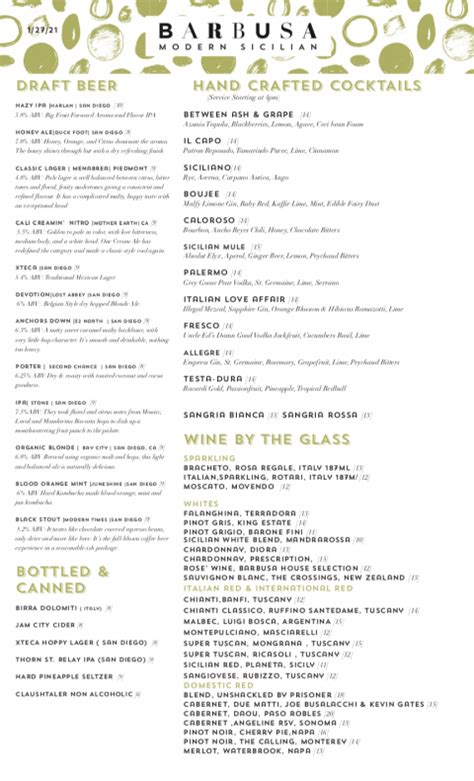 Drinks Menu - Little Italy Restaurant | San Diego Italian Restaurant | Barbusa