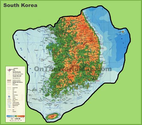 Large detailed physical map of South Korea - Ontheworldmap.com