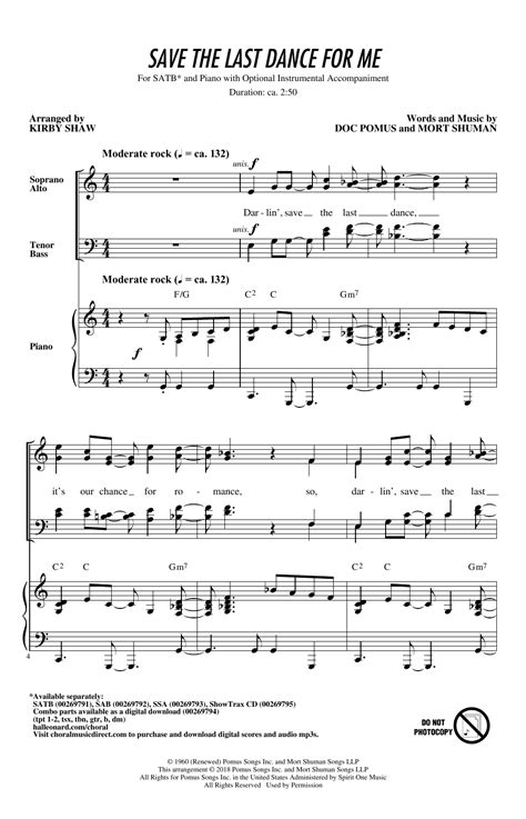 Save The Last Dance For Me (arr. Kirby Shaw) by The Drifters Sheet Music for SATB Choir at Sheet ...