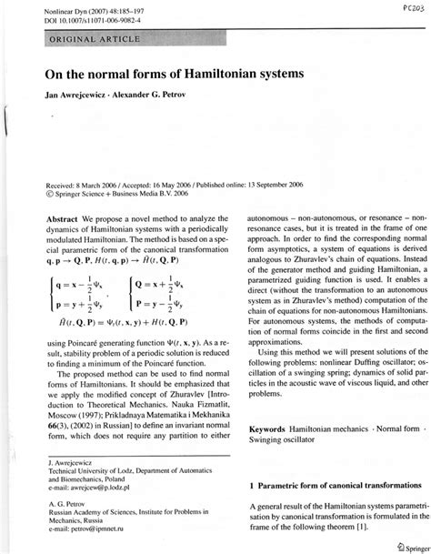 (PDF) On the normal forms of Hamiltonian systems