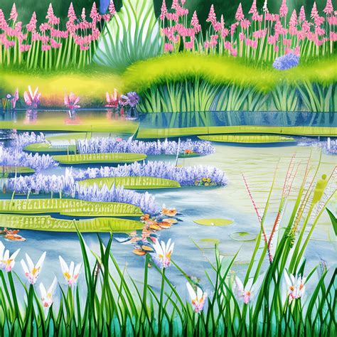 Beautiful Whimsical Garden of Flowers by a Pond · Creative Fabrica