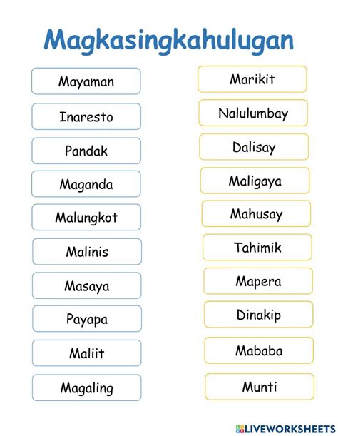 Magkasingkahulugan interactive worksheet | 1st grade worksheets, 2nd ...