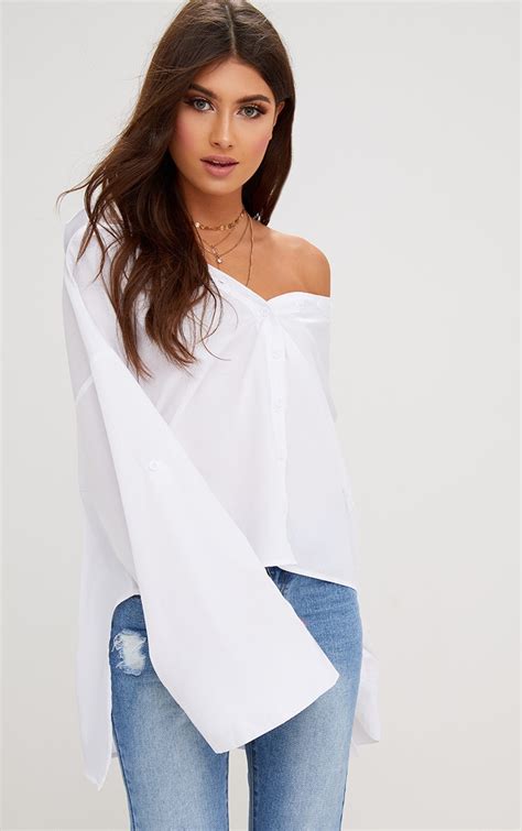 White Oversized Off Shoulder Shirt. Tops | PrettyLittleThing