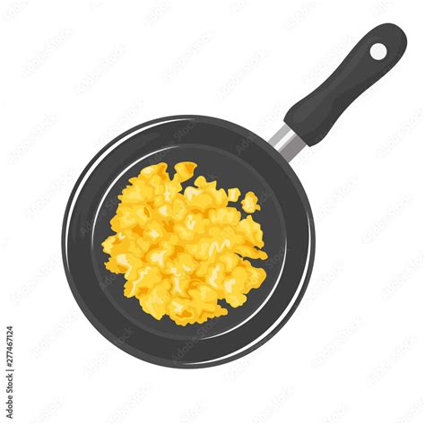 Scrambled eggs in frying pan isolated on white background. Omelet in a ...