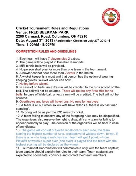 Cricket Tournament Rules and Regulations Venue: FRED ...