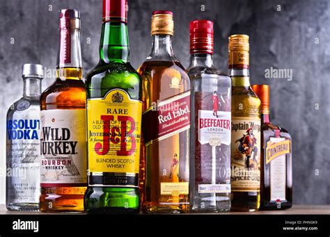 Bottles of assorted global hard liquor brands Stock Photo - Alamy