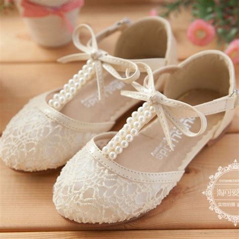 Cute Wedding Girls Shoes Lace Pearl Bow Hollow Lace Up Flower Girl Shoes Party Formal Event ...