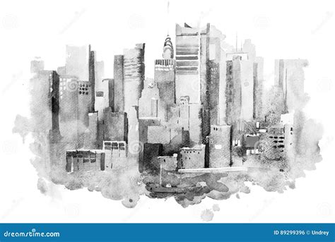 Watercolor Drawing of New York Cityscape, USA. Manhattan Aquarelle ...