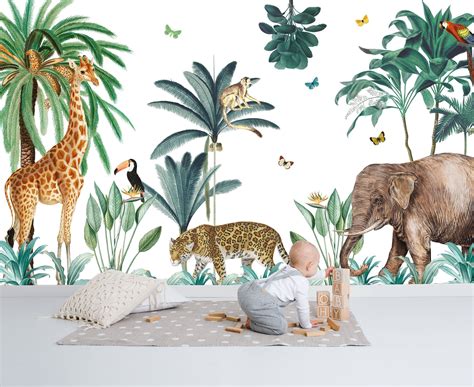 Tropical Jungle Wallpaper, Jungle Wall Mural, Safari Animals Wall Décor, Giraffe and Elephant ...