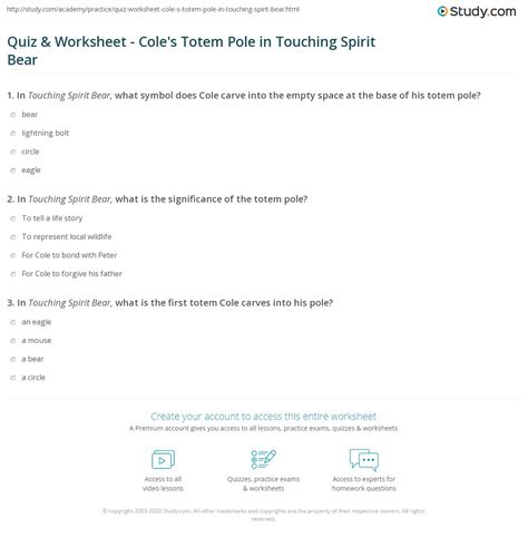 Quiz & Worksheet - Cole's Totem Pole in Touching Spirit Bear | Study.com