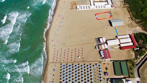 Beach Umbrellas and Chairs on the Beach. Aerial Bird Eye View Stock Photo - Image of overhead ...