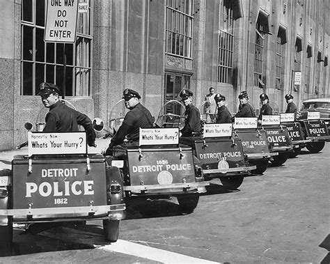 September 1958 Policemen bring messages on their three-wheel motorcycl | Detroit, Detroit police ...