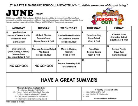 Lunch Menu | St. Mary's Elementary School - Lancaster, NY