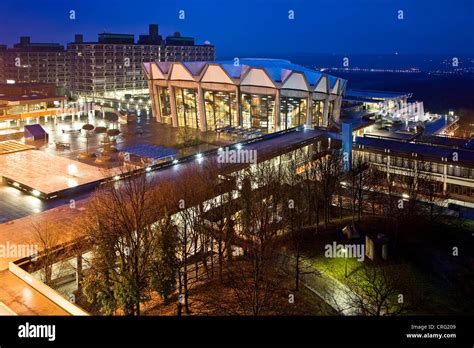 Ruhr University Bochum with Main Lecture Hall, Audimax in twilight, Germany, North Rhine ...