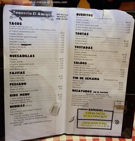 Menu at El Amigo restaurant, Beloit