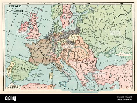 Map of Europe after the Peace of Tilsit, Napoleonic Wars, 1807. Color ...