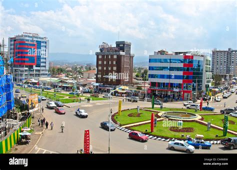 Addis Ababa Ethiopia Africa modern city buildings with traffic circle ...