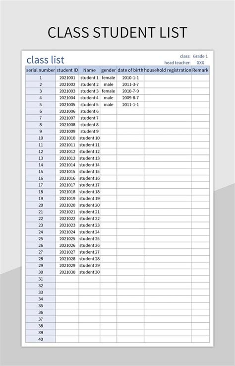 Class Student List Excel Template And Google Sheets File For Free Download - Slidesdocs