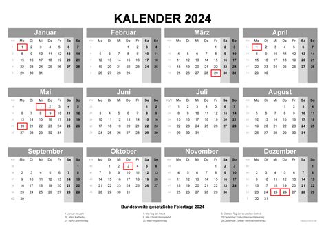 Kalender 2024 mit Kalenderwochen und Feiertagen (pdf, xls & png)