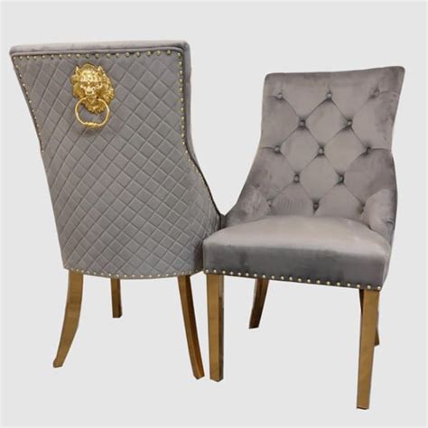 Benton Light Grey Velvet Dining Chairs With Gold Legs In Pair - thefurniturelab.co.uk