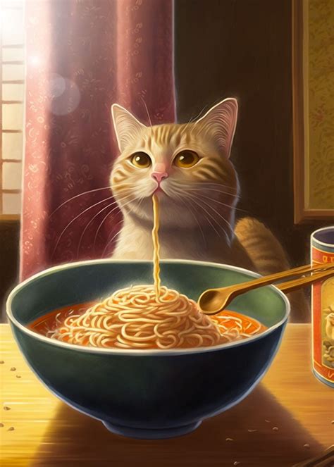 'Funny Cat Eating Ramen' Poster, picture, metal print, paint by Super Anima | Displate