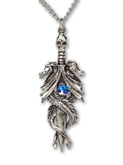 Real Metal Jewelry - Double Dragon Sword with Blue Crystal Pendant Necklace by Real Metal ...