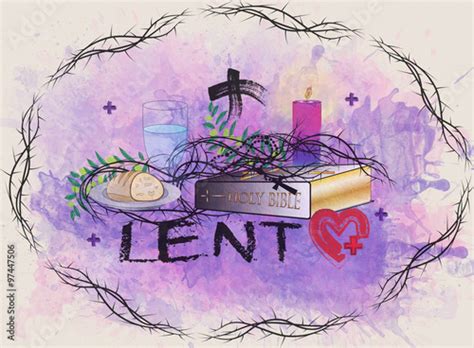 Religious Lent symbols on abstract purple background with the crown of thorns Stock Illustration ...