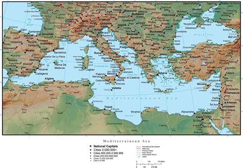 Mediterranean Map Plus Terrain with Countries, Capitals, Cities, Roads