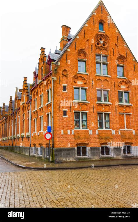 The evening shot of historic medieval building in Bruges, Belgium Stock ...